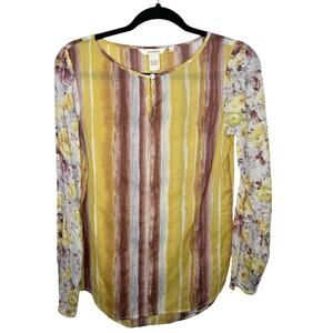 SUNDANCE / yellow maroon striped floral semi-sheer long sleeve blouse top / XS